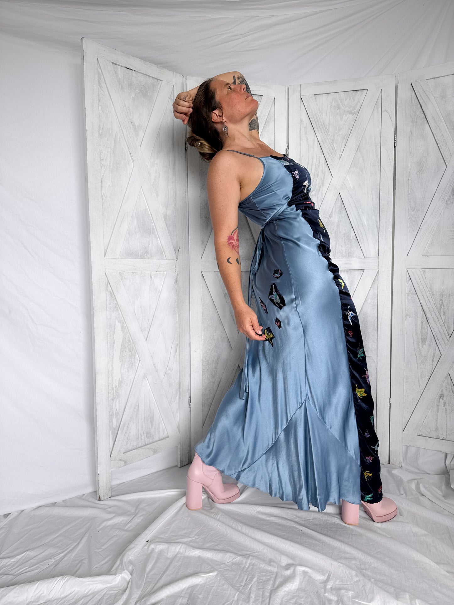 Maxi slip dress- 100% silk- butterfly patterned dress