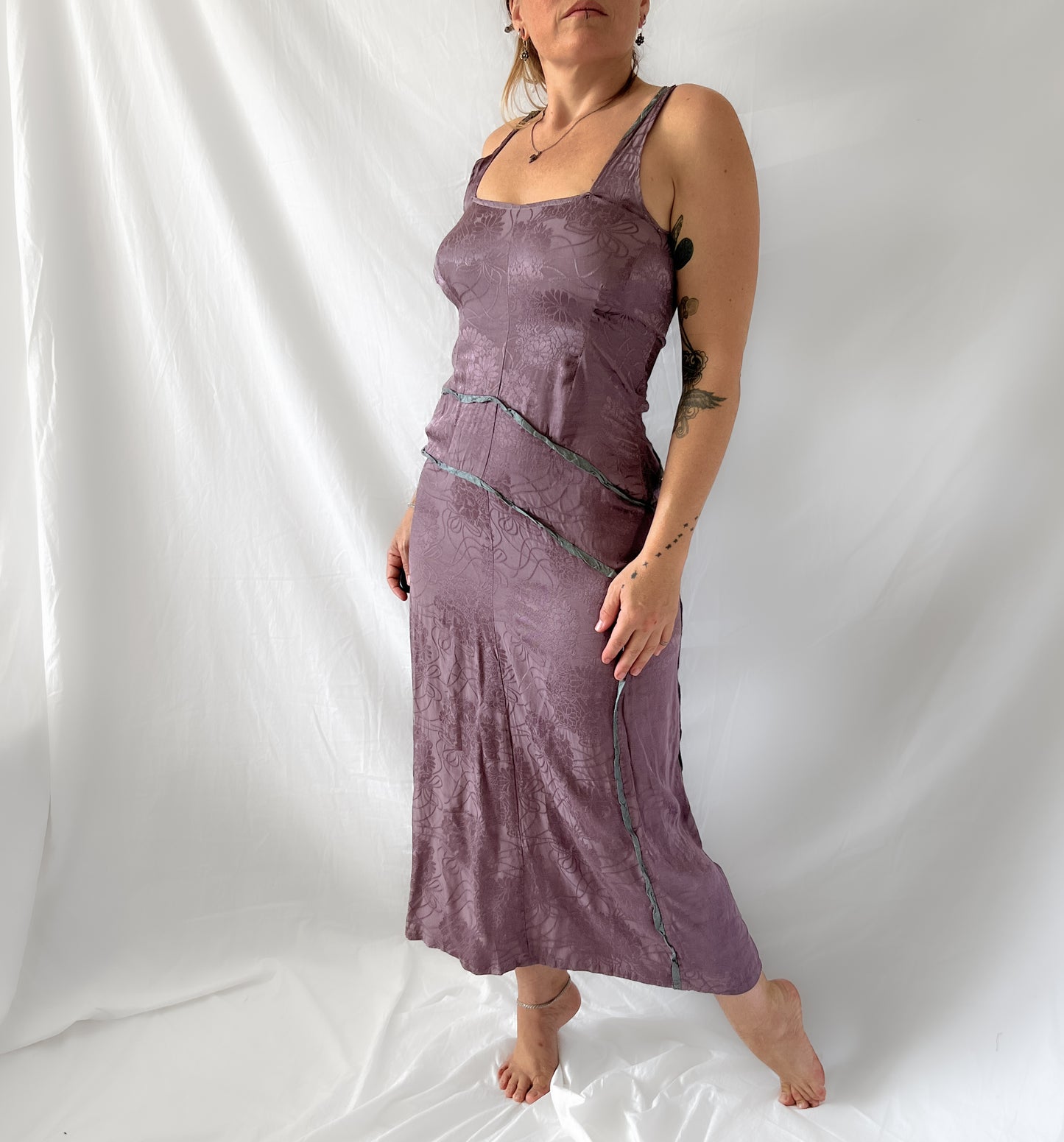 Vintage rustic floral jacquard maxi slip dress in deep lavender mauve