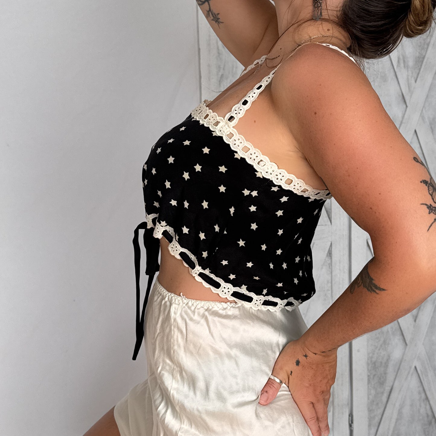 100% silk & lace crop top in black & white star