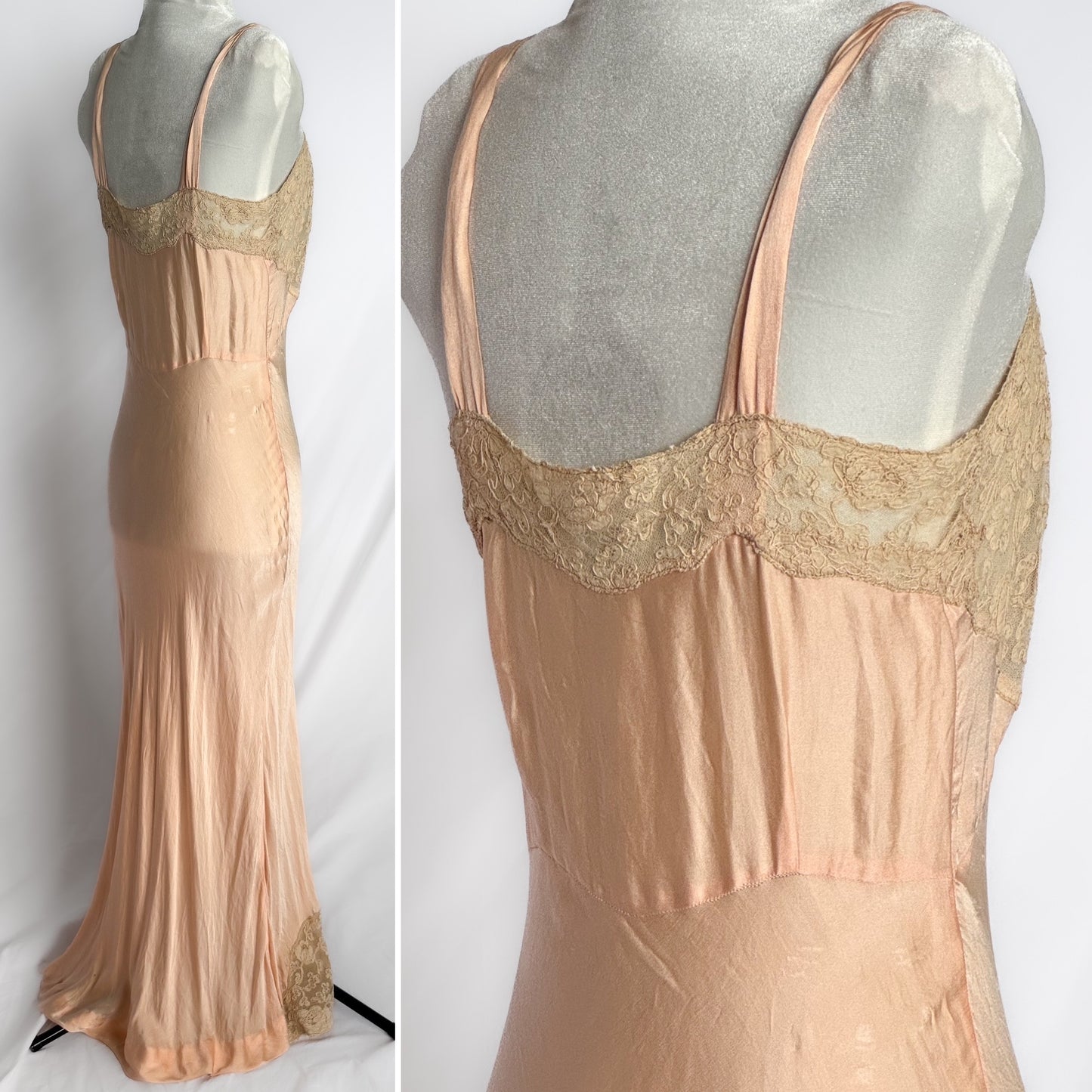 1930s/40s vintage 100% silk maxi slip dress in pink peach