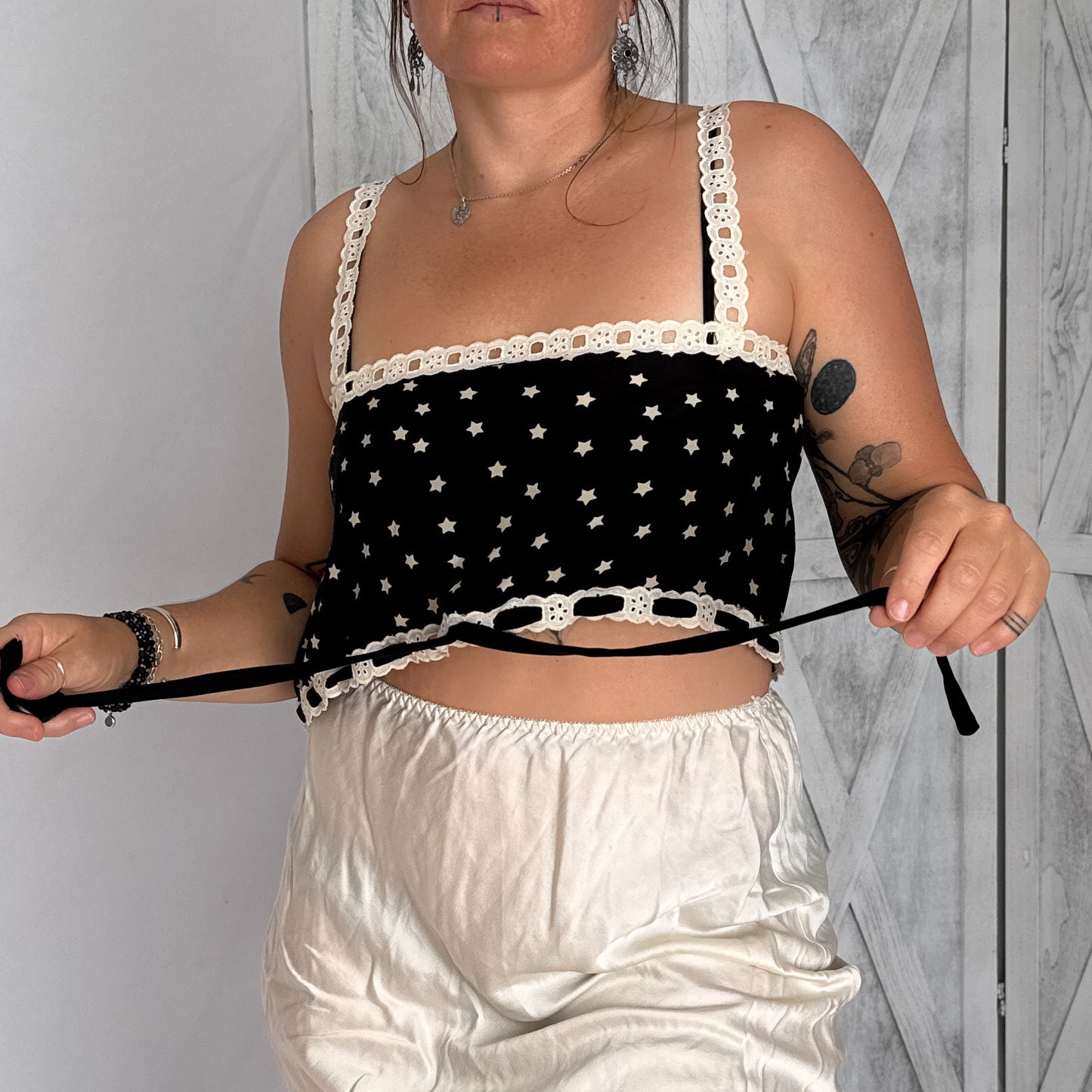 100% silk & lace crop top in black & white star