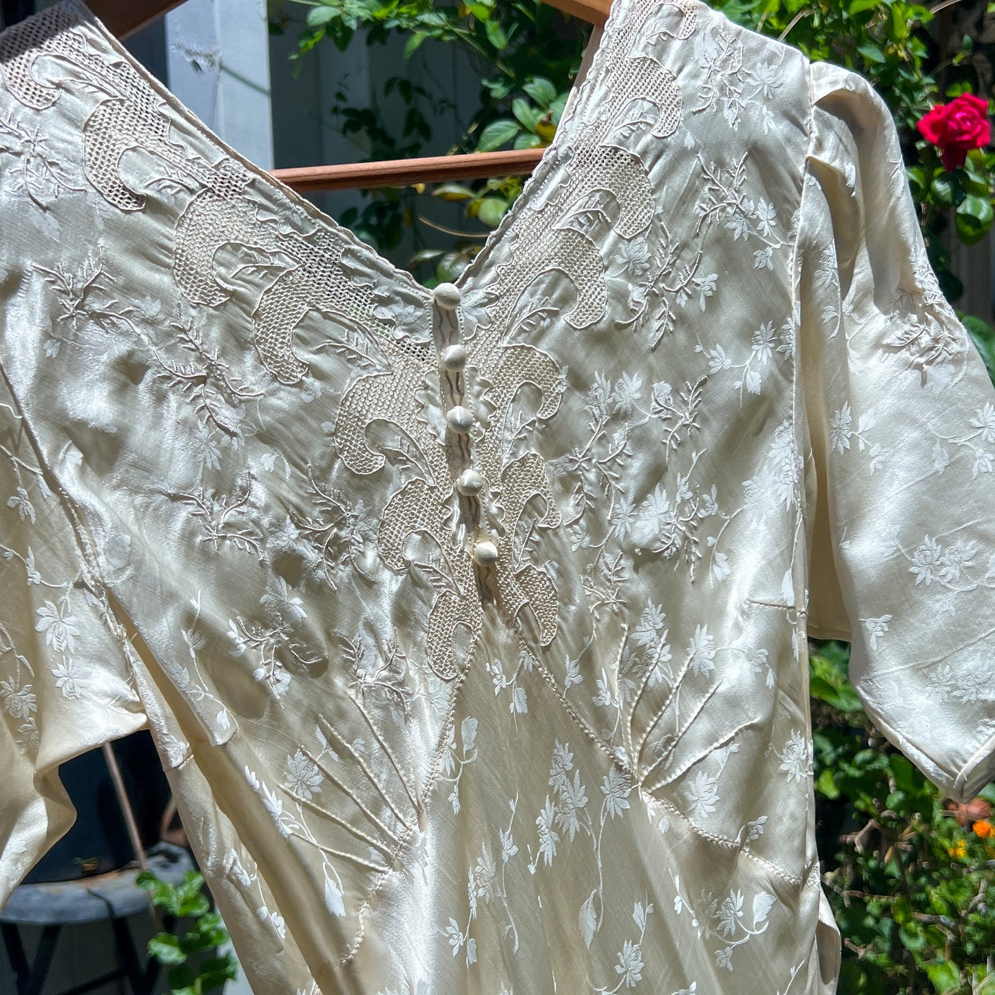 1930s vintage 100% silk jacquard slip dress with floral embroidery in cream