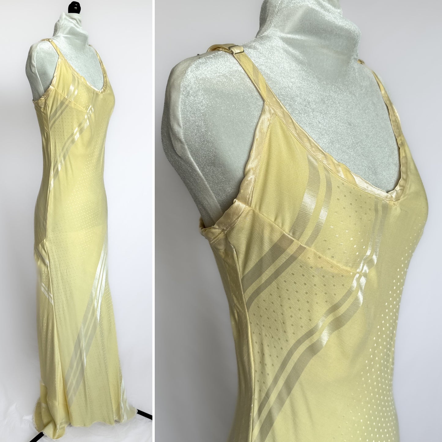 Vintage maxi slip dress in glossy yellow cream striped and dotted