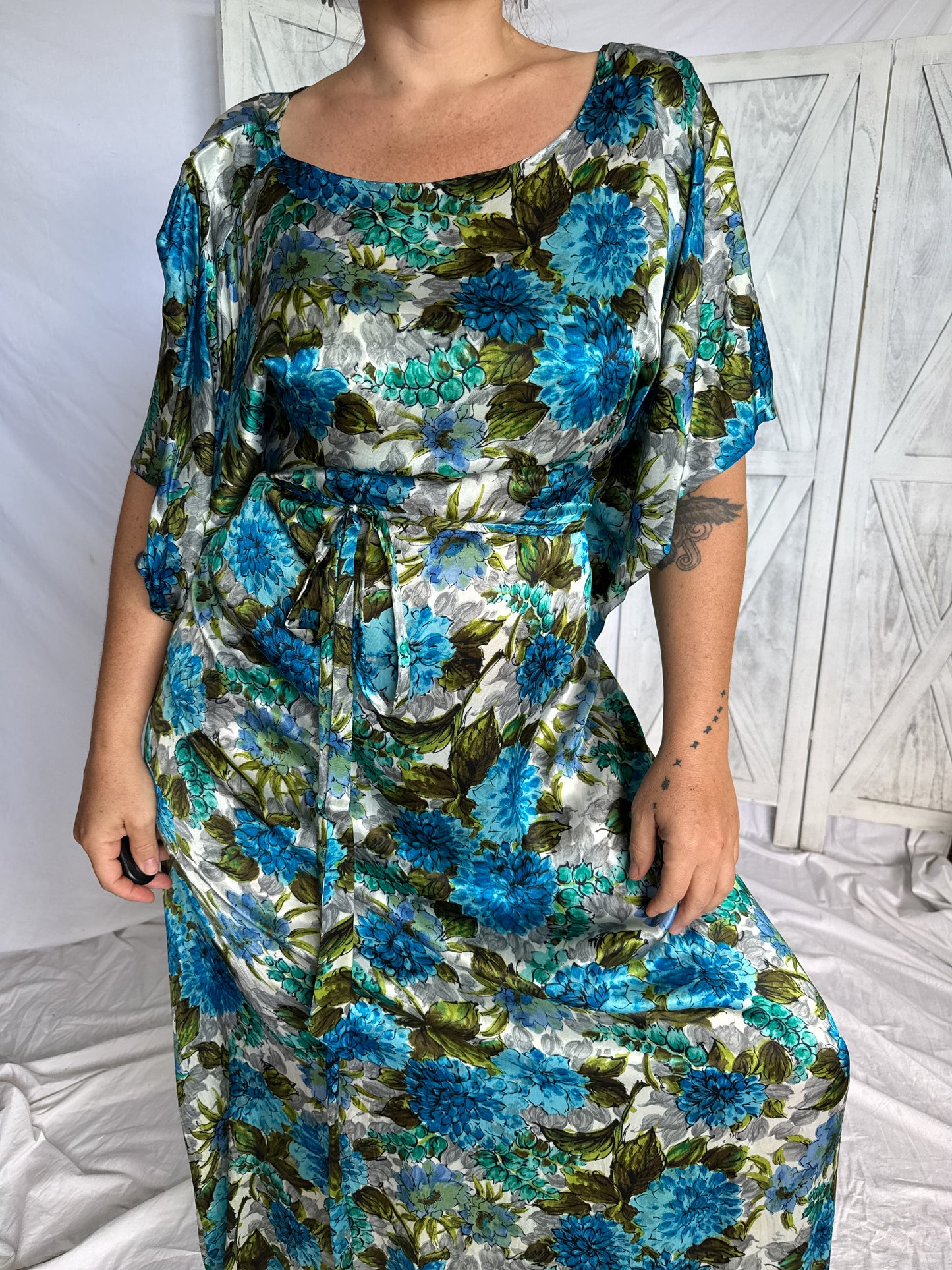 Floral satin maxi dress in 1960s turquoise, olive green and grey