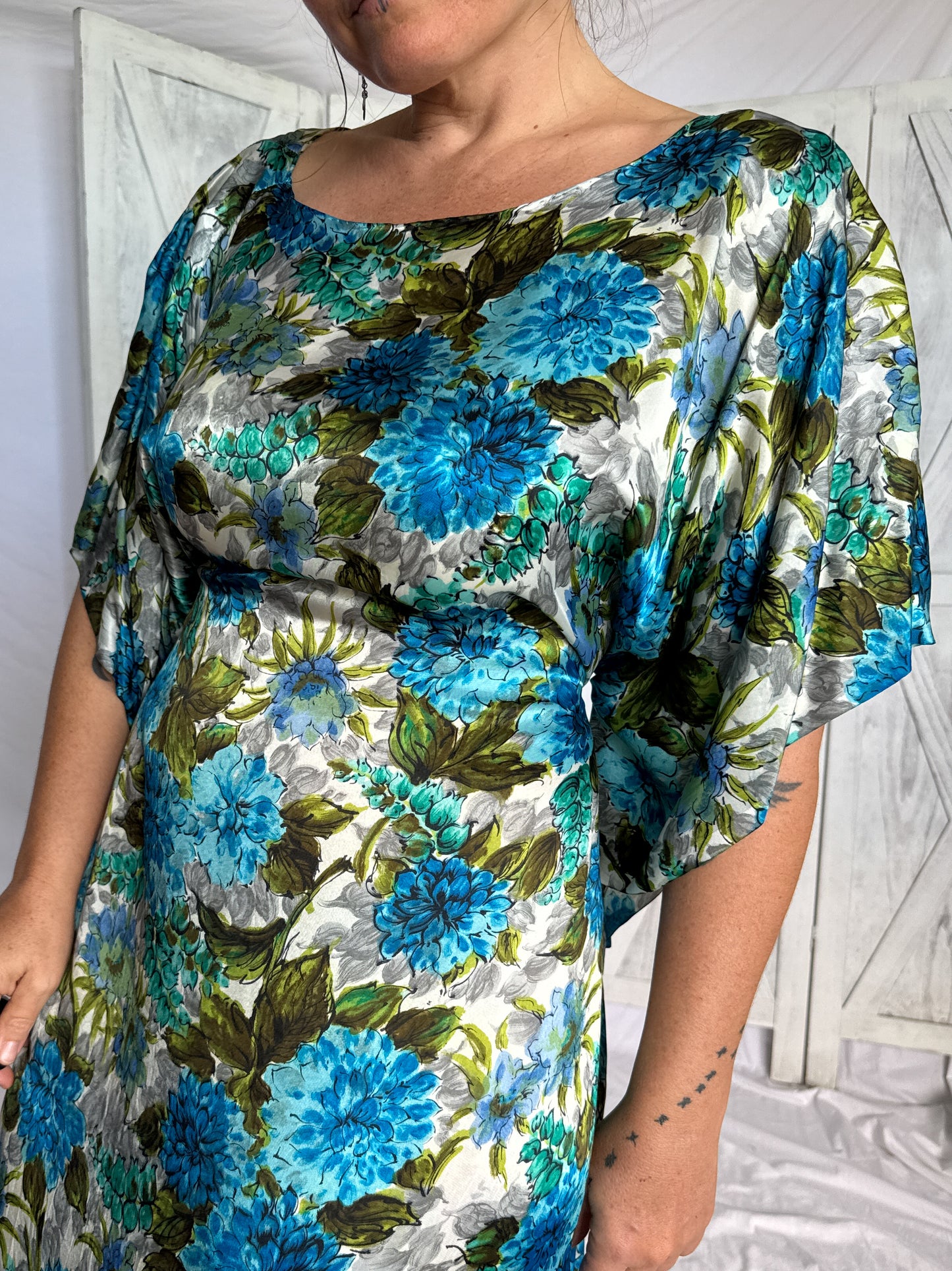 Floral satin maxi dress in 1960s turquoise, olive green and grey