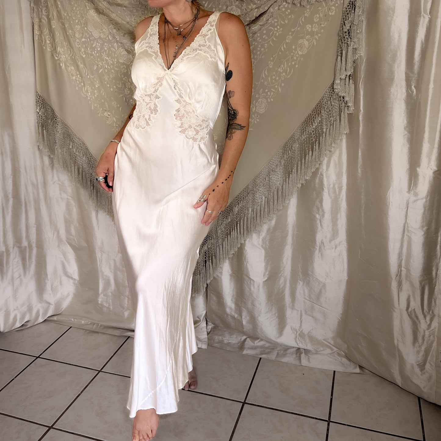 1930s Vintage silk maxi slip dress in egg shell white