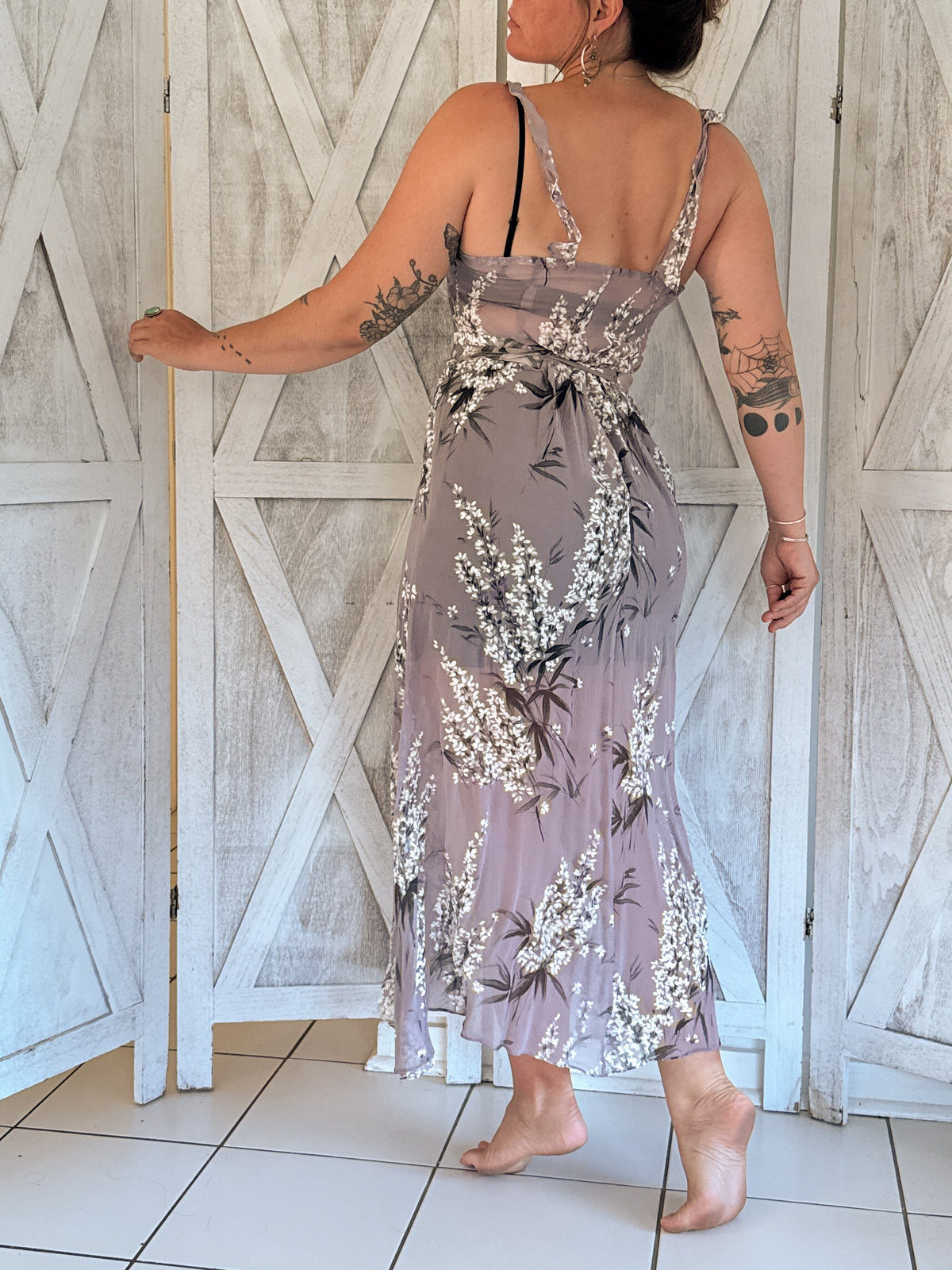 100% silk chiffon floral maxi slip dress & belt in lavender purple