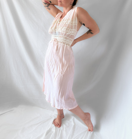 1930s/40s vintage radcliffe satin mini slip dress in guava with cream lace