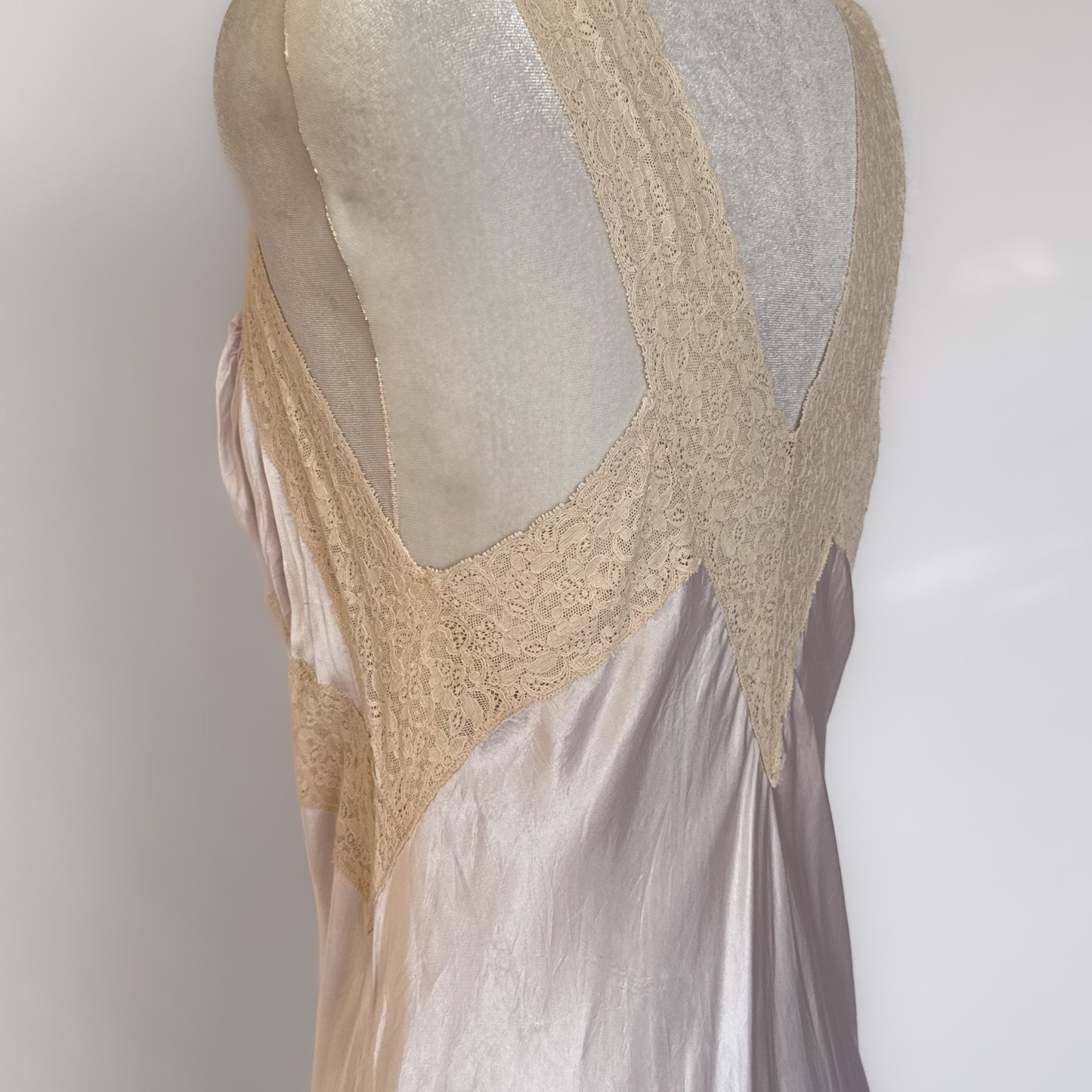 1940s vintage satin & lace maxi slip dress in icey lavender purple