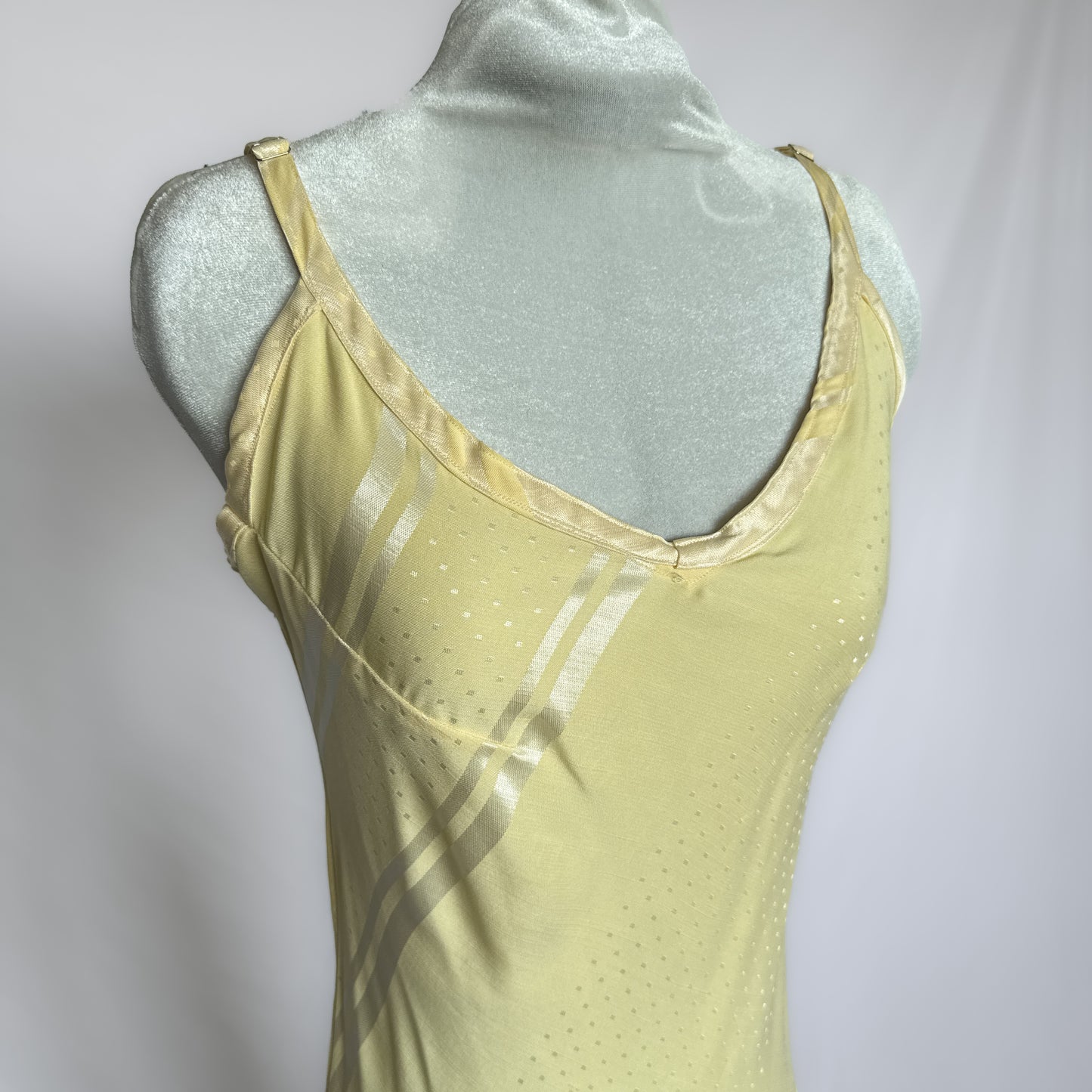 Vintage maxi slip dress in glossy yellow cream striped and dotted