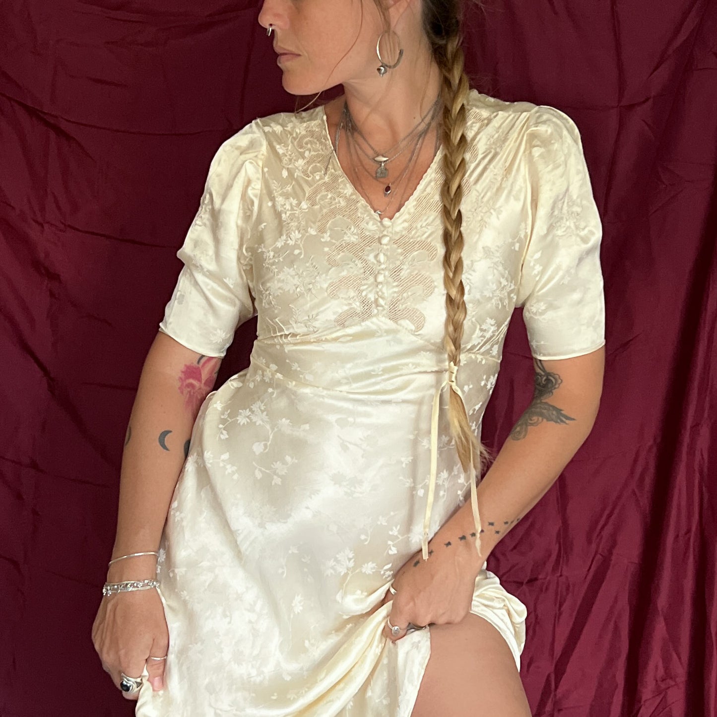 1930s vintage 100% silk jacquard slip dress with floral embroidery in cream