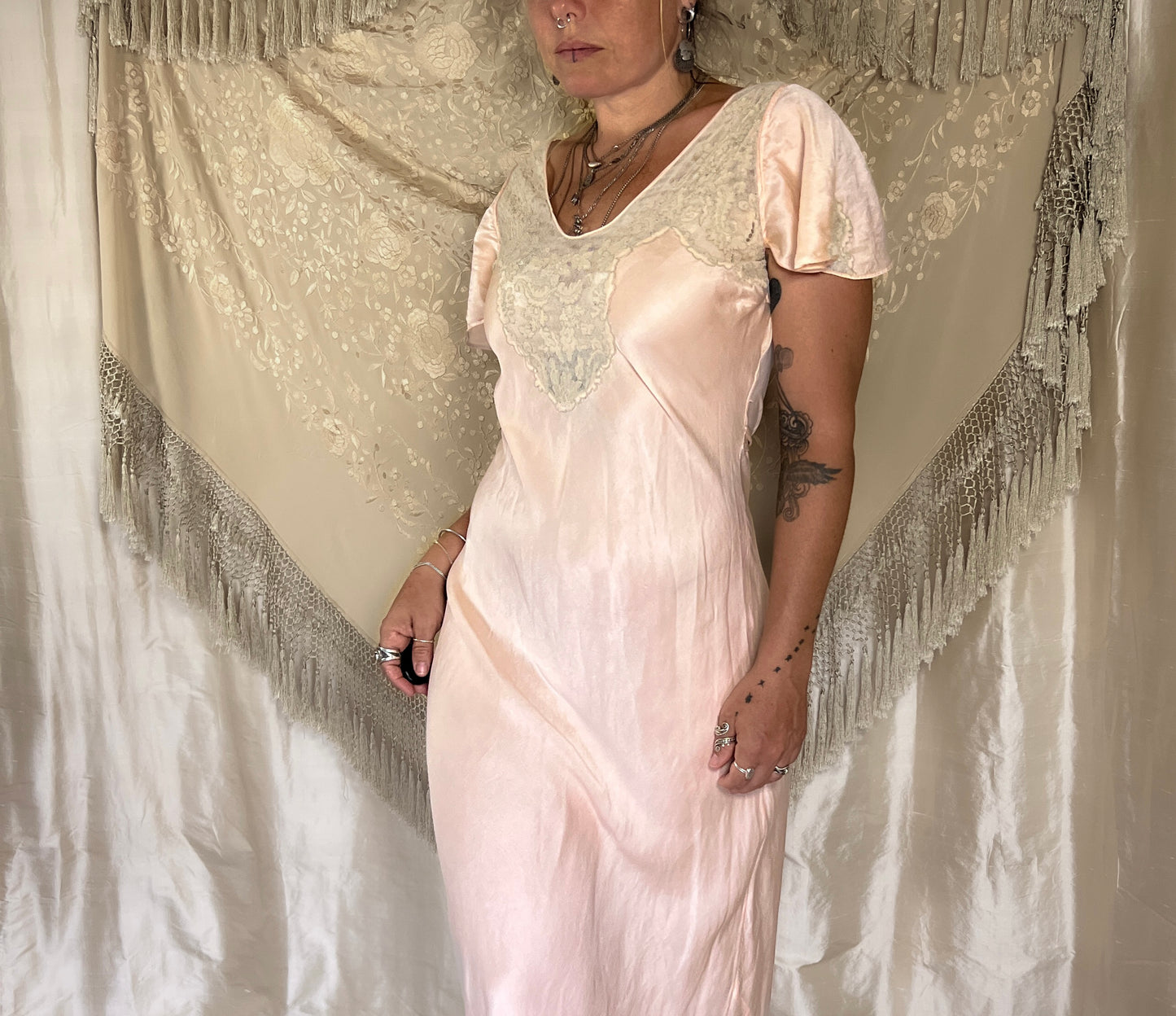 1920s/1930s Vintage Empress Silk short sleeve slip dress in floral guava pink jacquard
