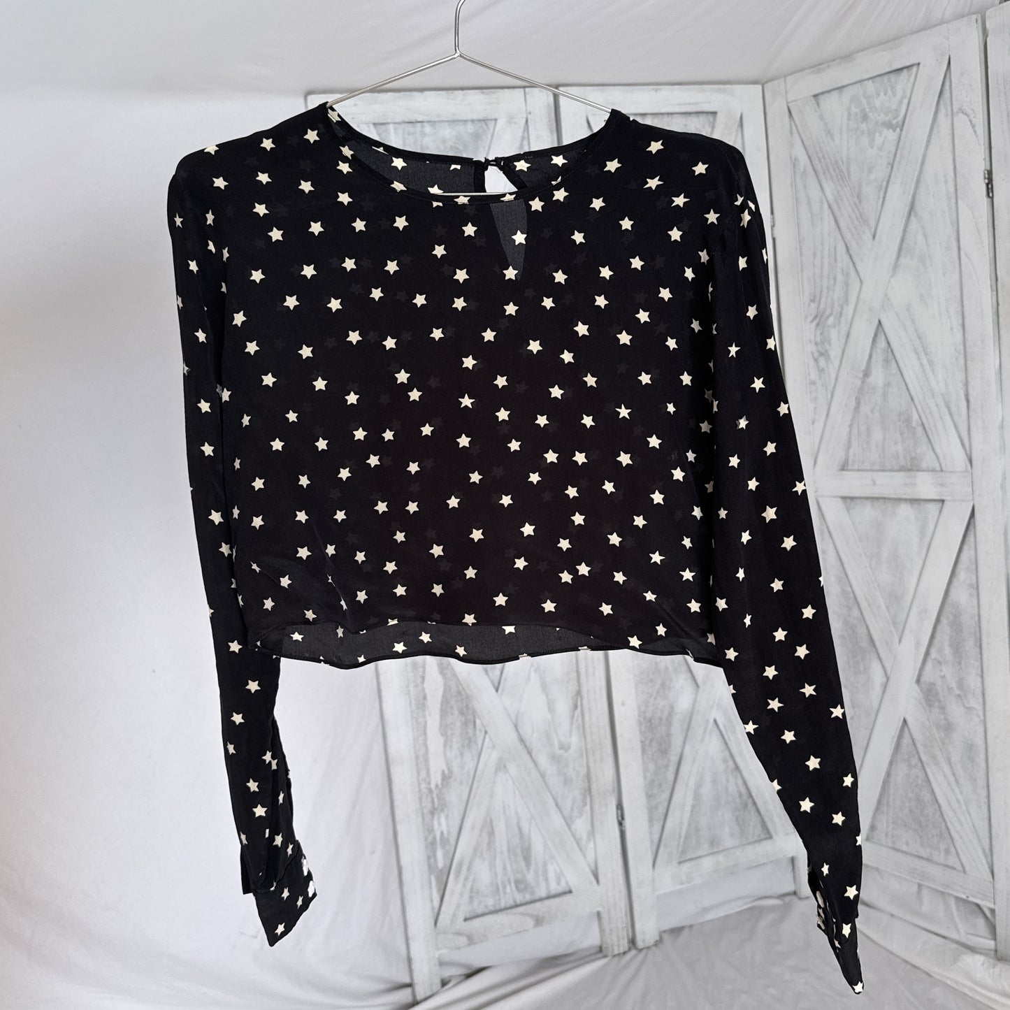 Vintage Black & White Star Print Silk Crop Top | 100% Silk Crepe | Size S