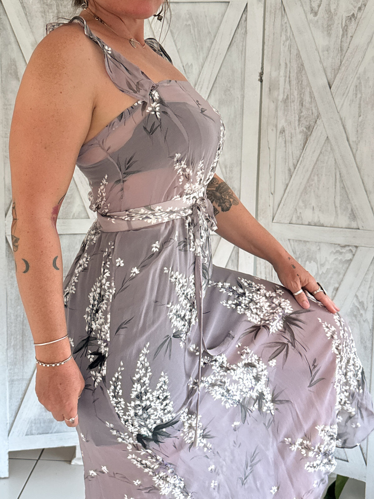 100% silk chiffon floral maxi slip dress & belt in lavender purple