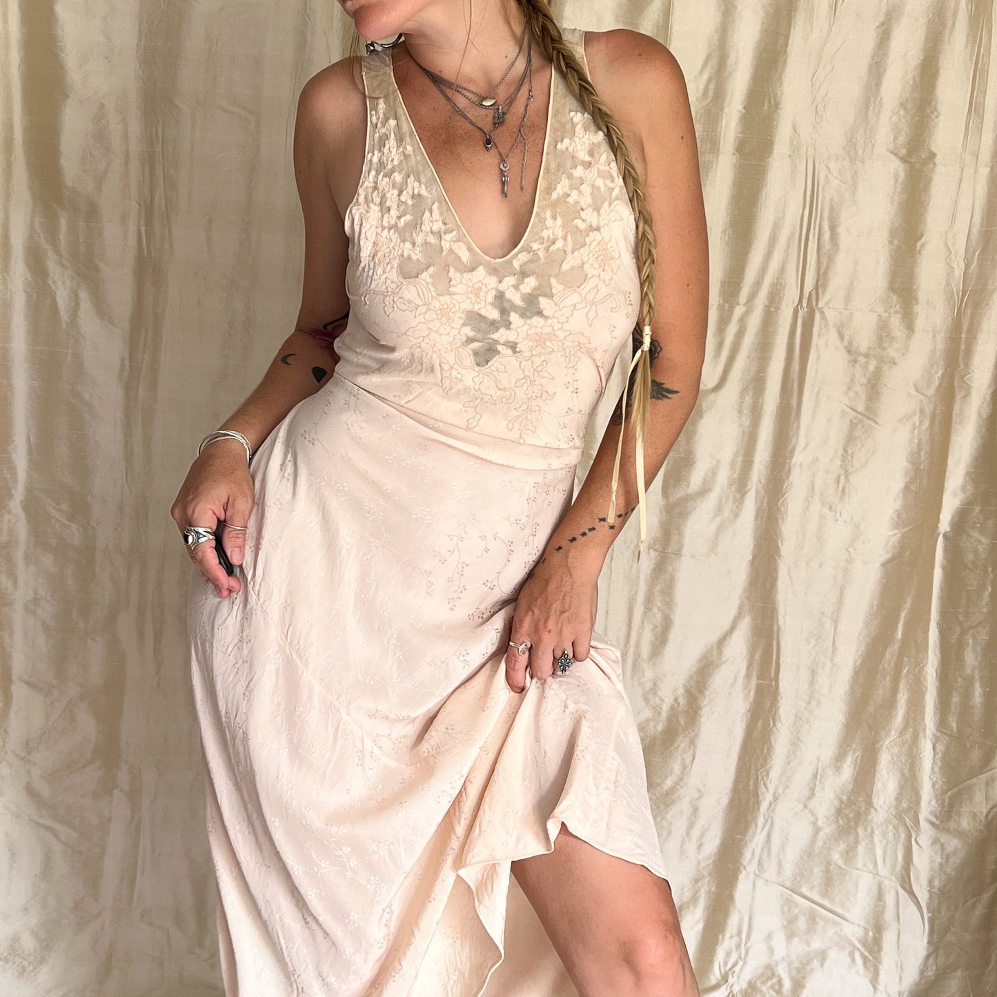 1930s Vintage 100% silk slip dress with embroidered mesh lace bust