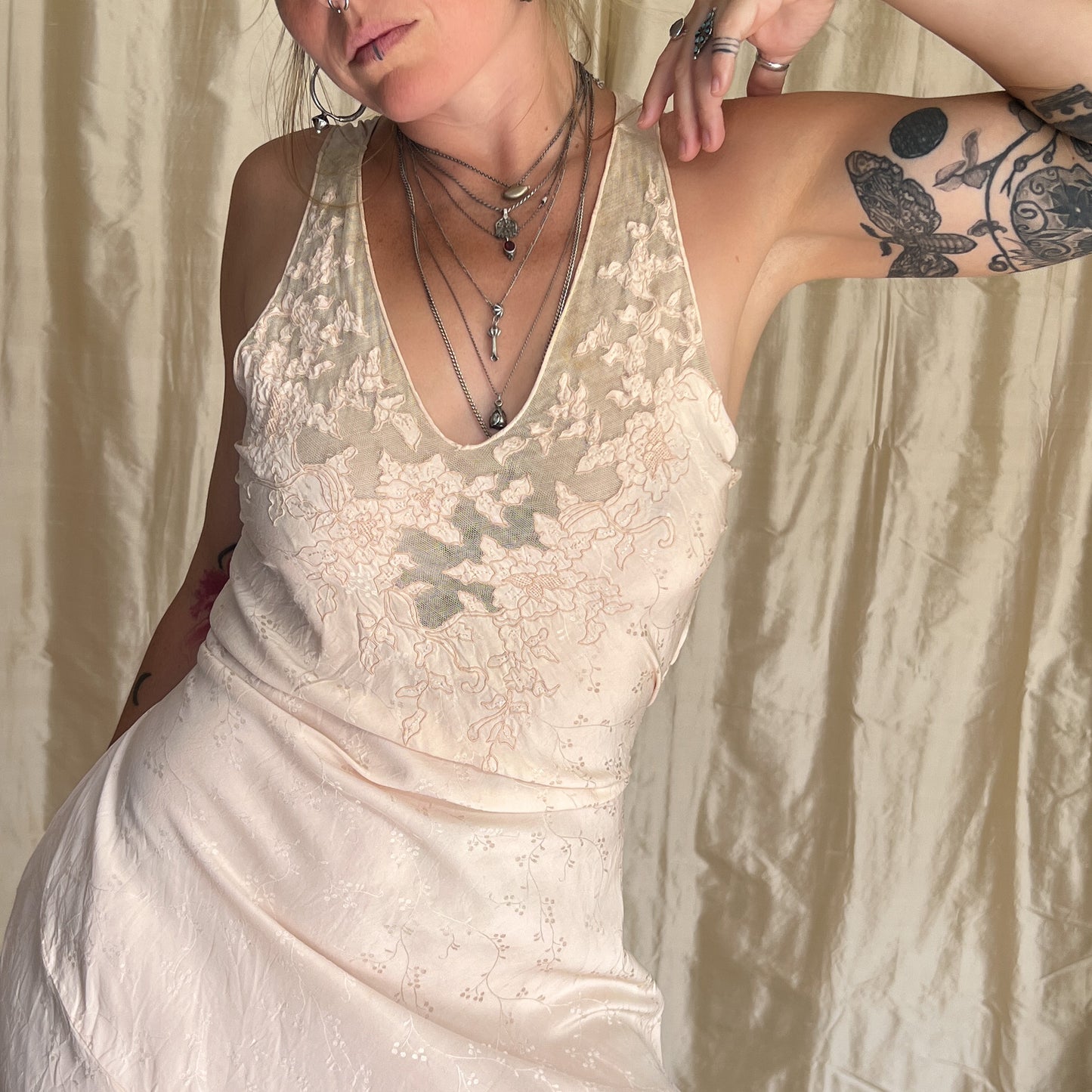 1930s Vintage 100% silk slip dress with embroidered mesh lace bust