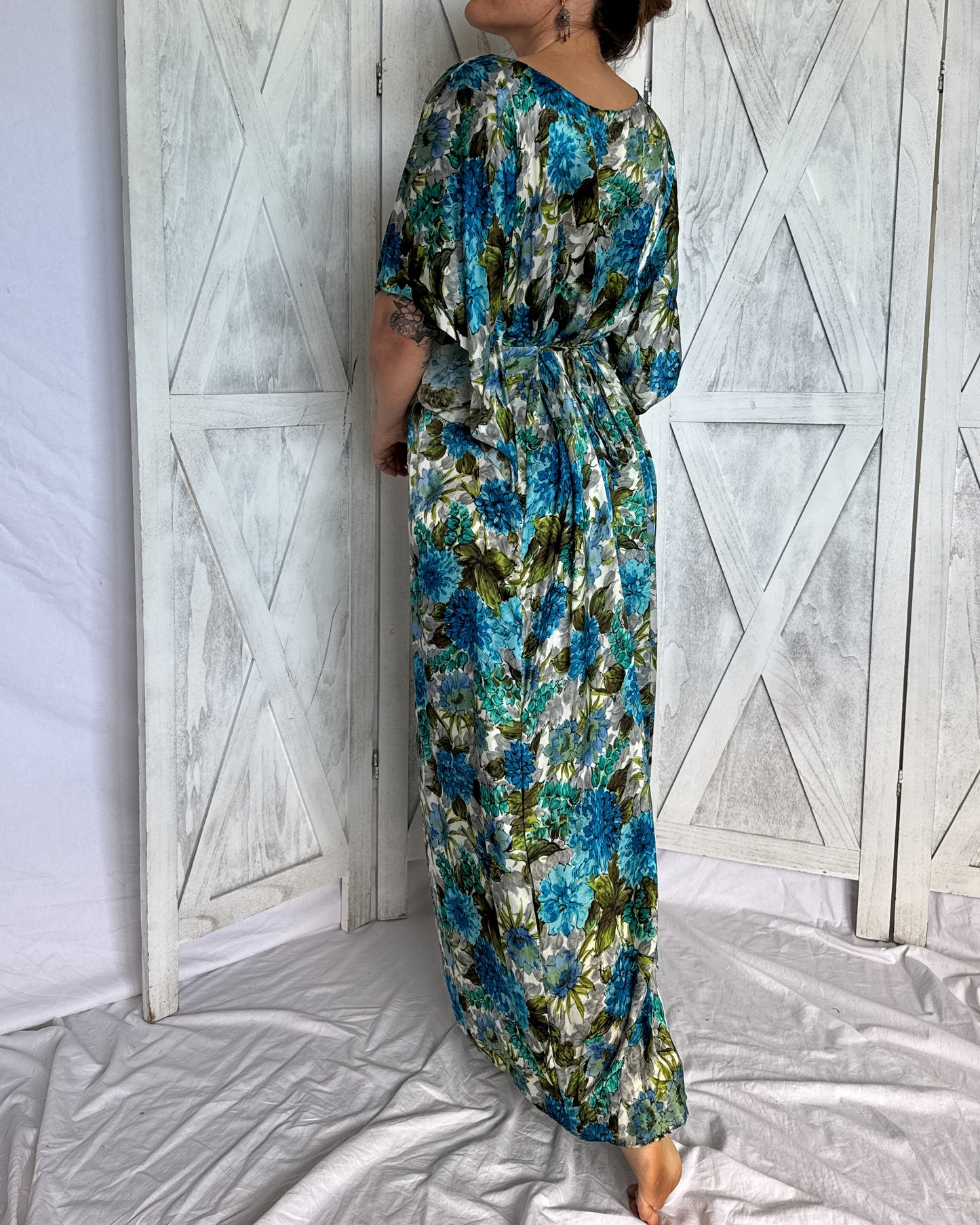 Floral satin maxi dress in 1960s turquoise, olive green and grey
