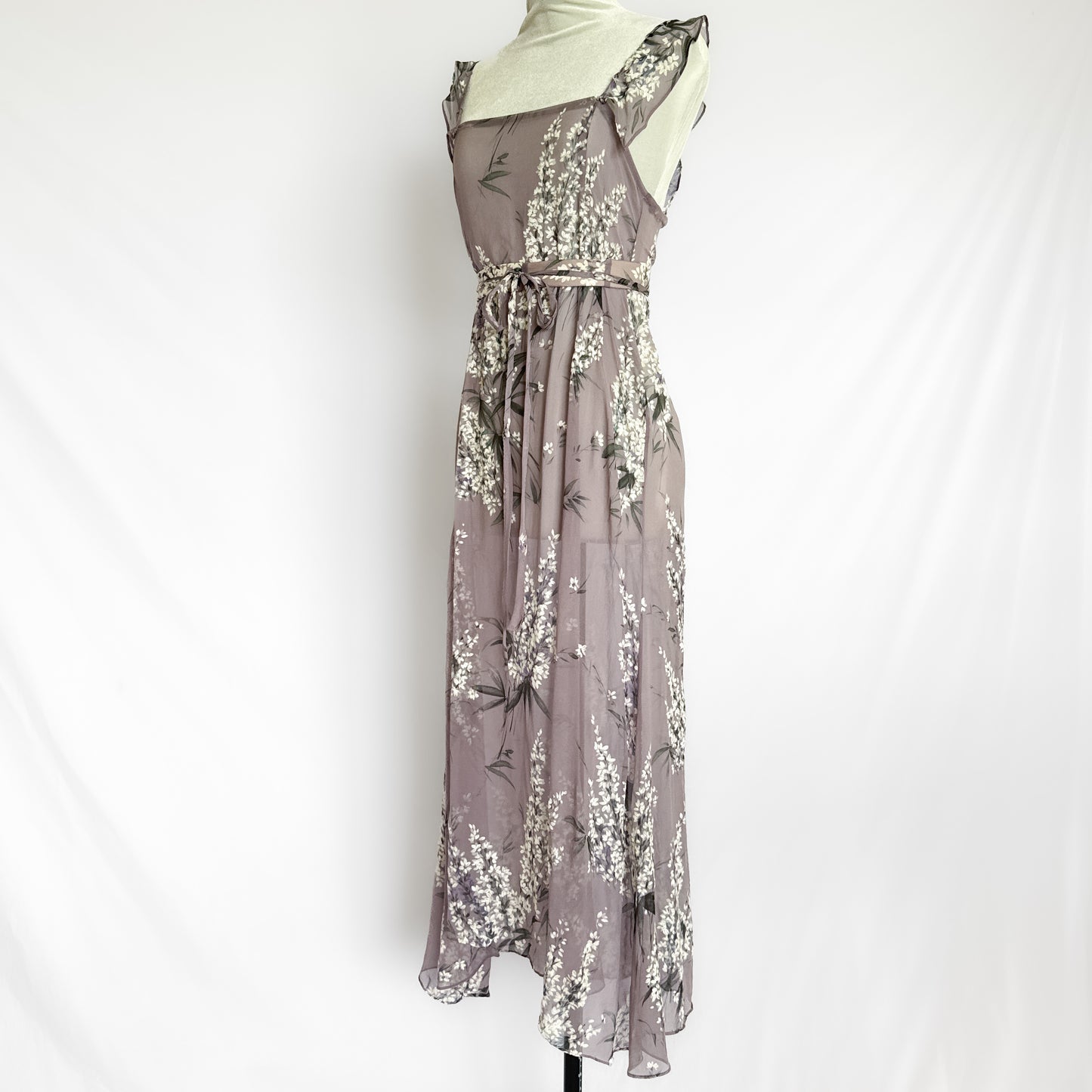 100% silk chiffon floral maxi slip dress & belt in lavender purple
