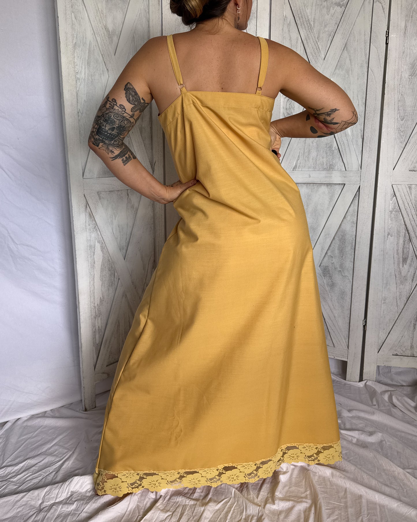 Vintage lace maxi prairie dress is mustard yellow