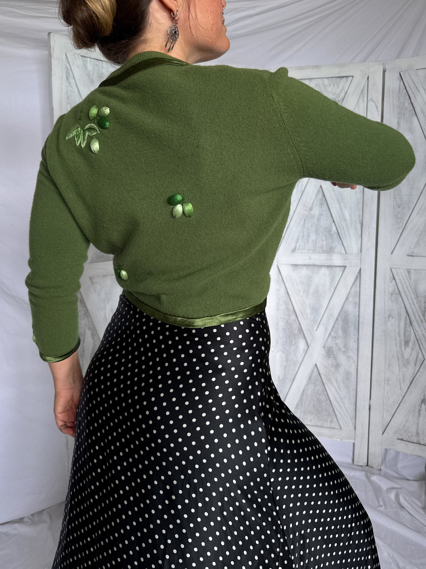 Hand embroidered wool cardigan grape motif detail back