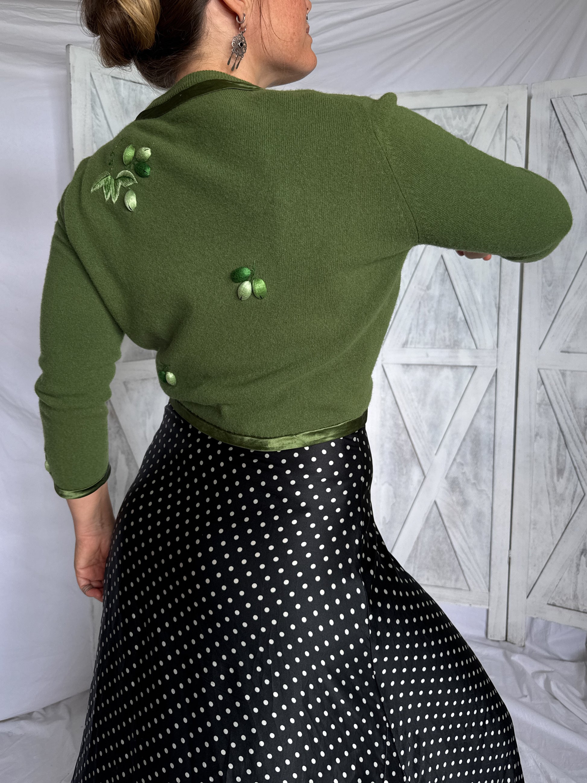 Hand embroidered wool cardigan grape motif detail back