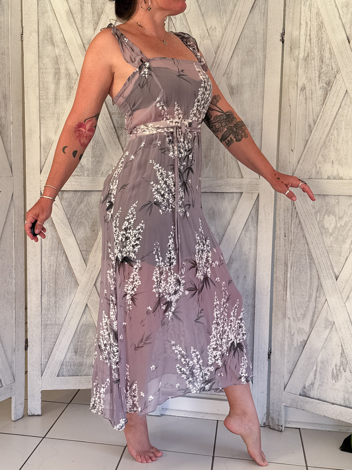 100% silk chiffon floral maxi slip dress & belt in lavender purple