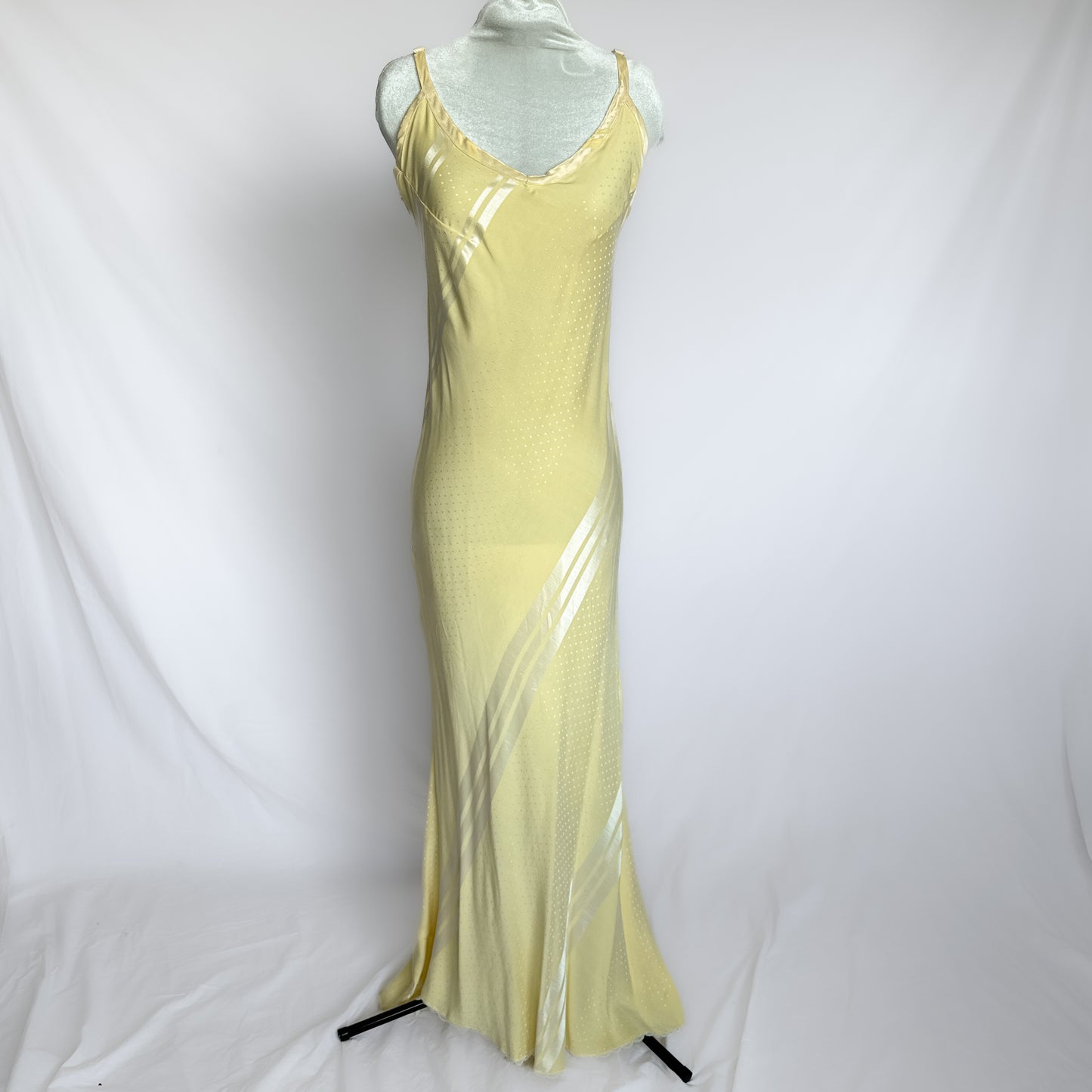 Vintage maxi slip dress in glossy yellow cream striped and dotted