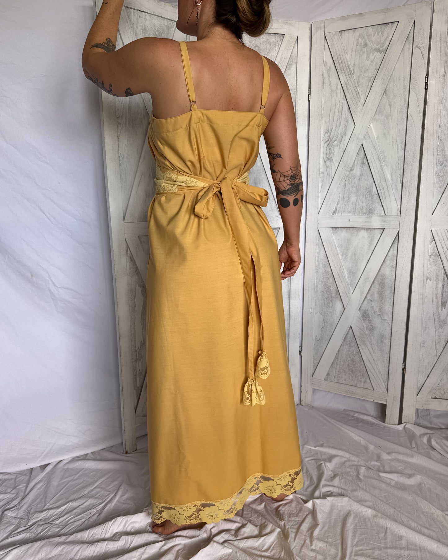 Vintage lace maxi prairie dress is mustard yellow