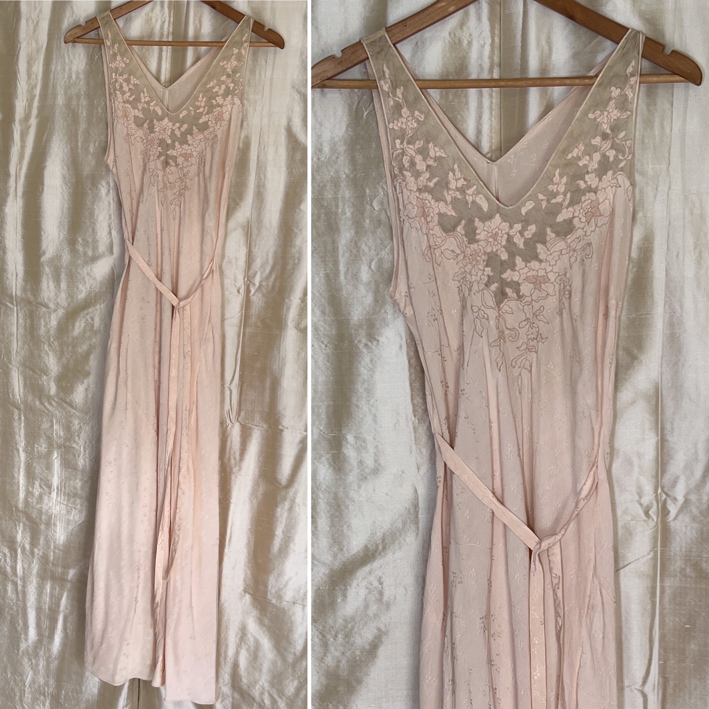 1930s Vintage 100% silk slip dress with embroidered mesh lace bust