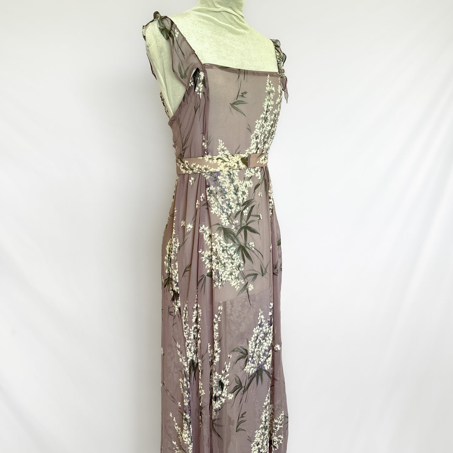 100% silk chiffon floral maxi slip dress & belt in lavender purple
