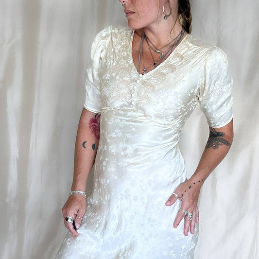 1930s vintage 100% silk jacquard slip dress with floral embroidery in cream
