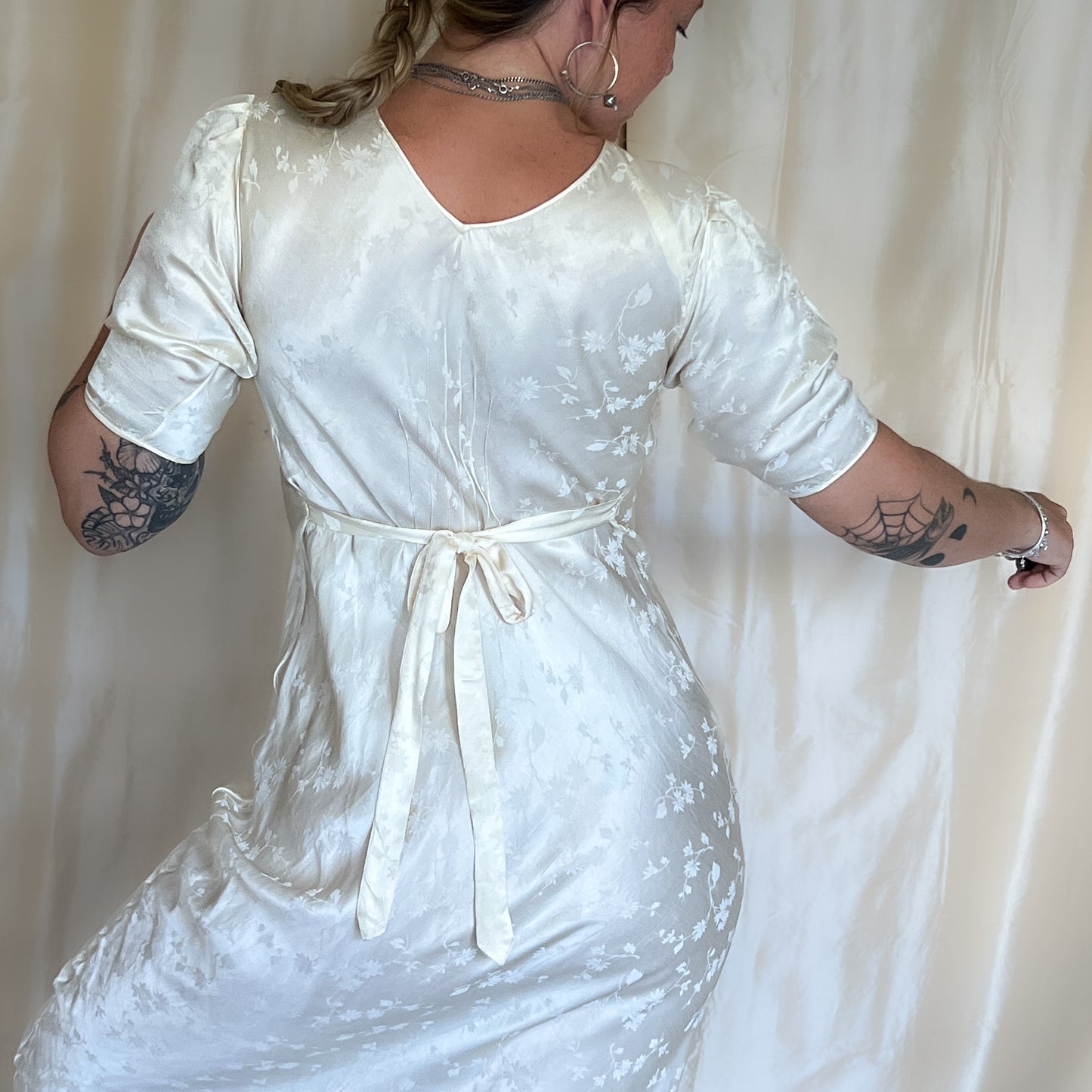 1930s vintage 100% silk jacquard slip dress with floral embroidery in cream