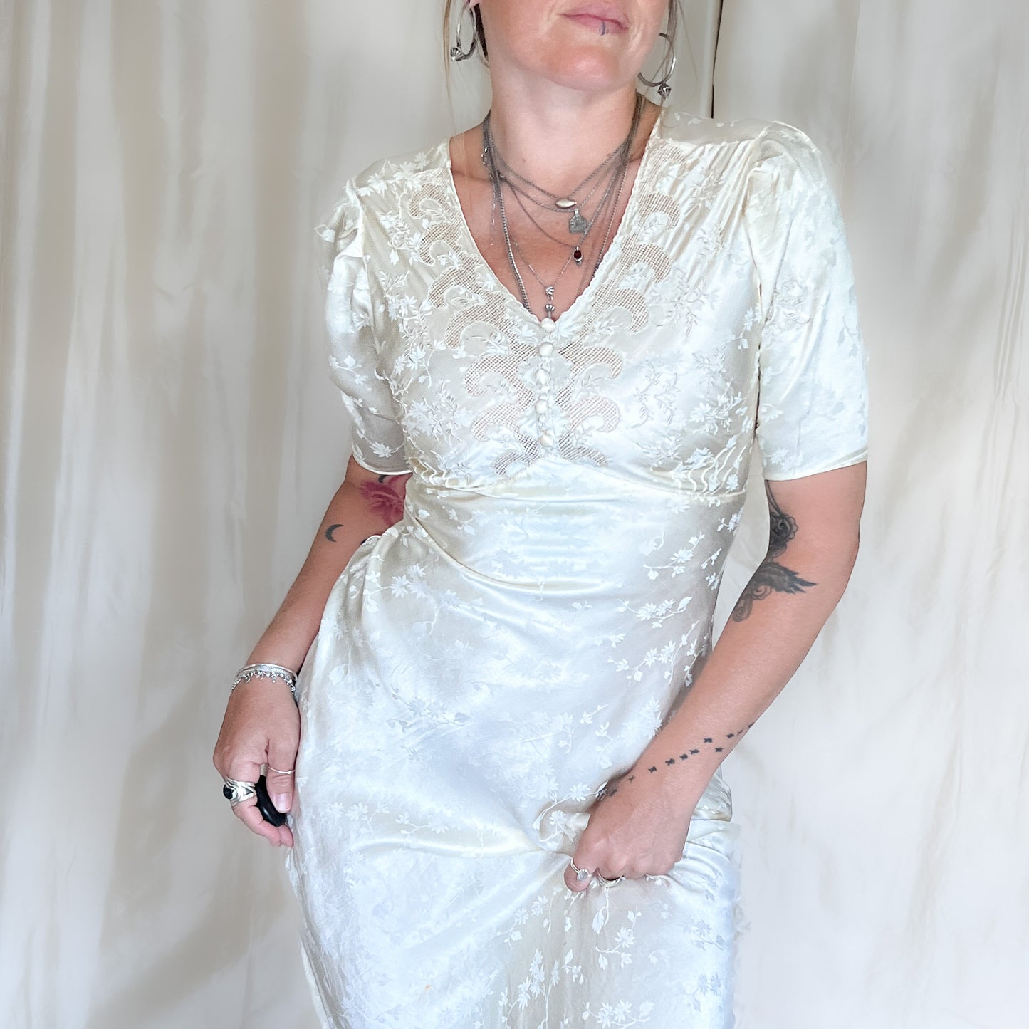 1930s vintage 100% silk jacquard slip dress with floral embroidery in cream