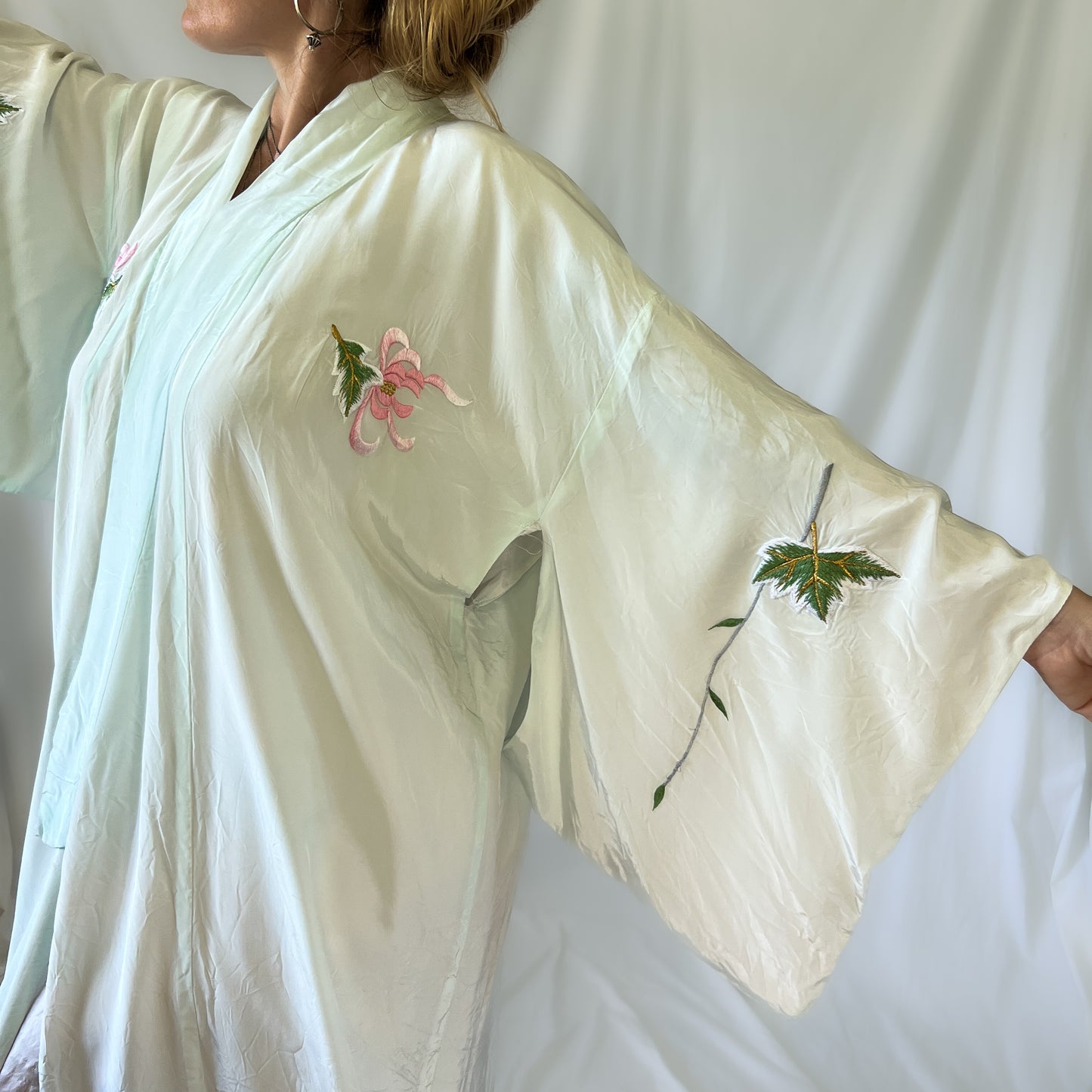 Vintage 1970s embroidered satin kimono in seafoam