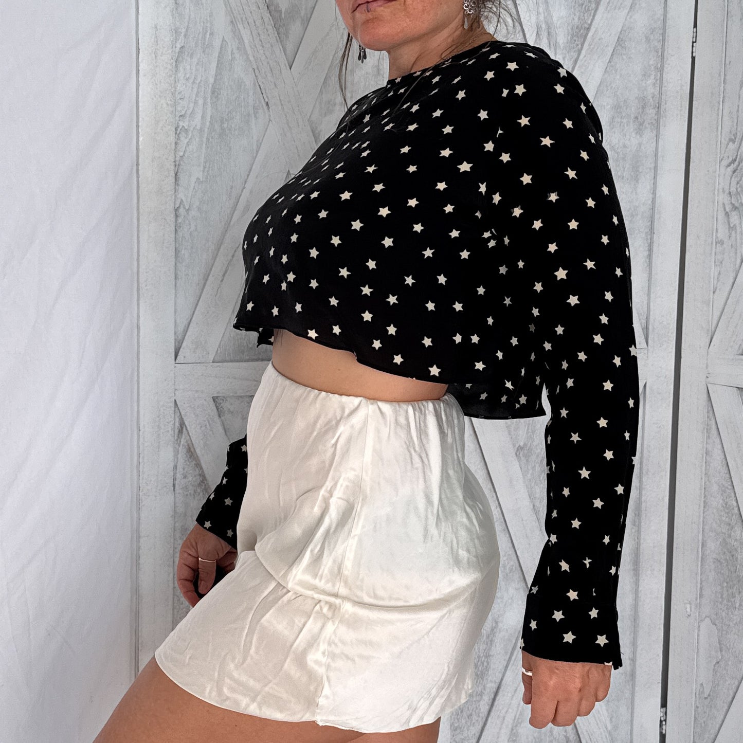 Vintage Black & White Star Print Silk Crop Top | 100% Silk Crepe | Size S
