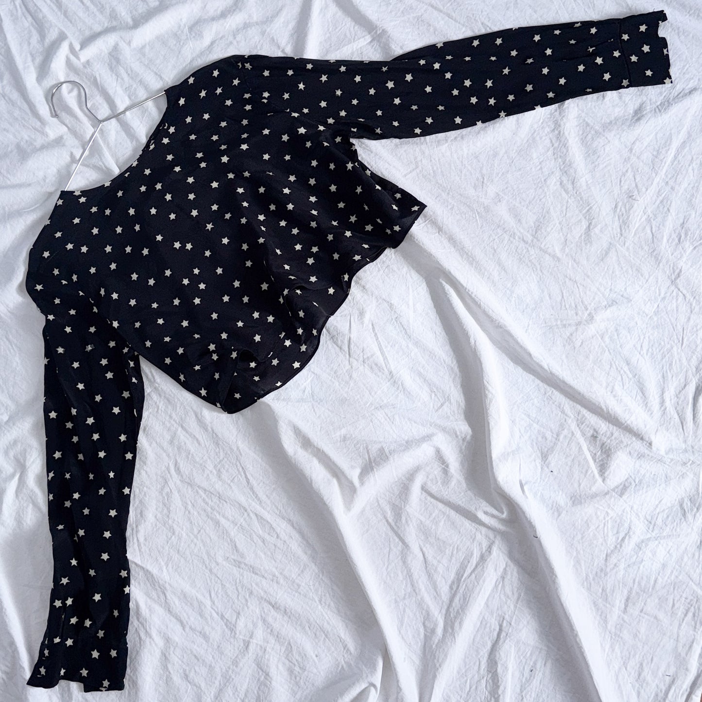Vintage Black & White Star Print Silk Crop Top | 100% Silk Crepe | Size S