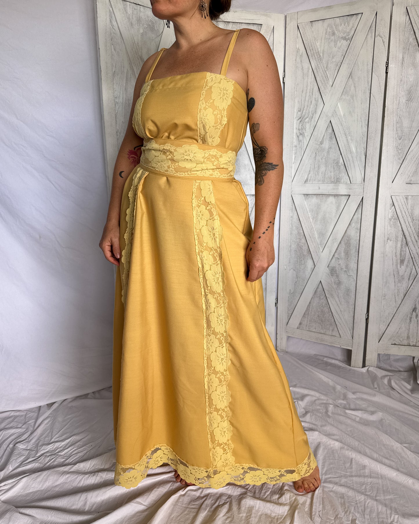 Vintage lace maxi prairie dress is mustard yellow
