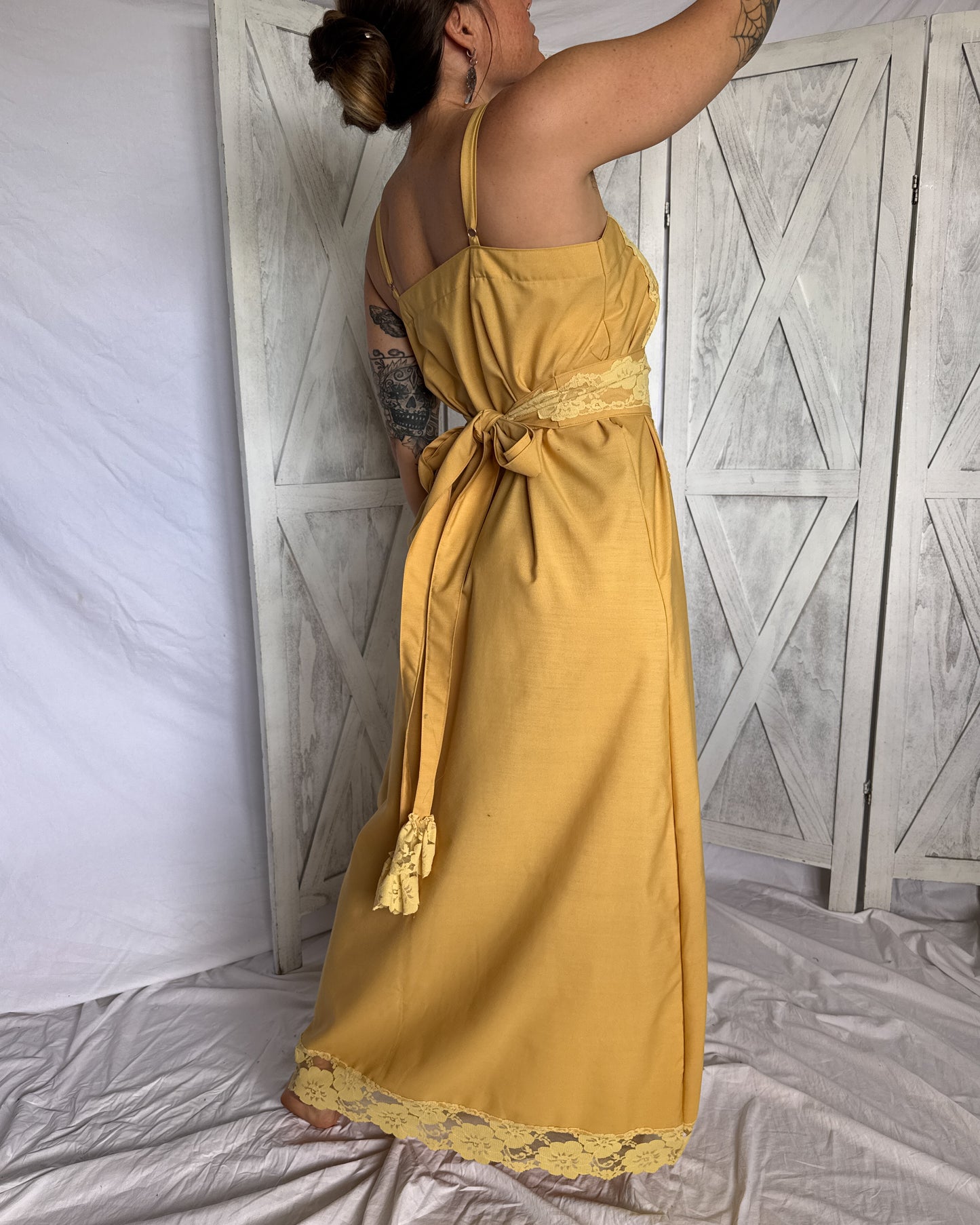 Vintage lace maxi prairie dress is mustard yellow