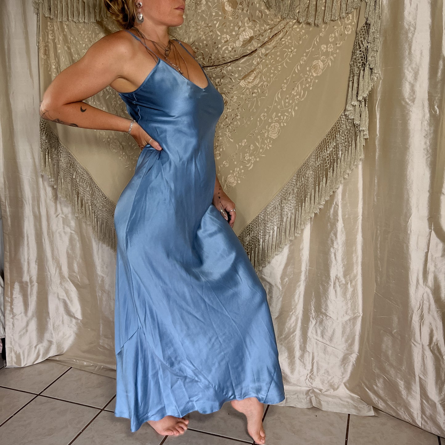 00s Y2K Vintage 100% silk maxi slip dress in cornflower