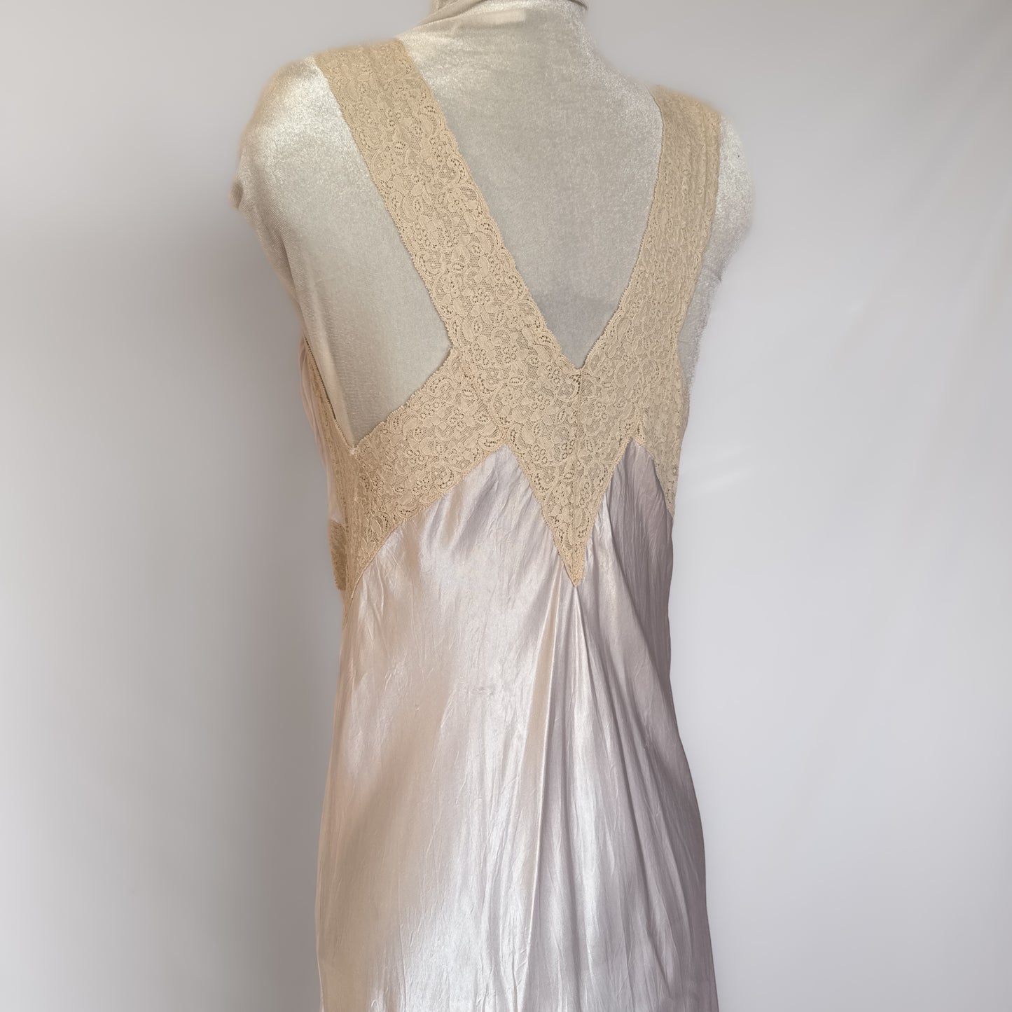 1940s vintage satin & lace maxi slip dress in icey lavender purple