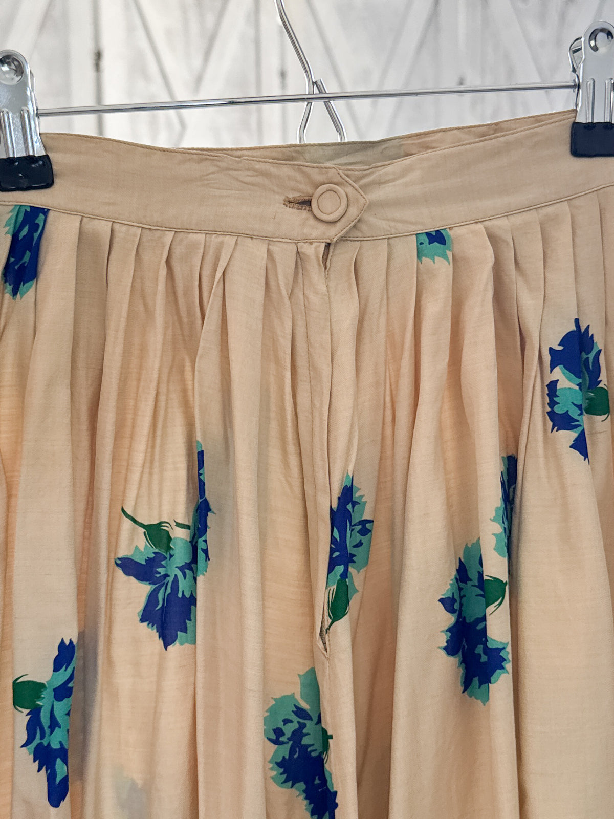 Vintage 1950s silk floral midi skirt in oat with cobalt and sky blues