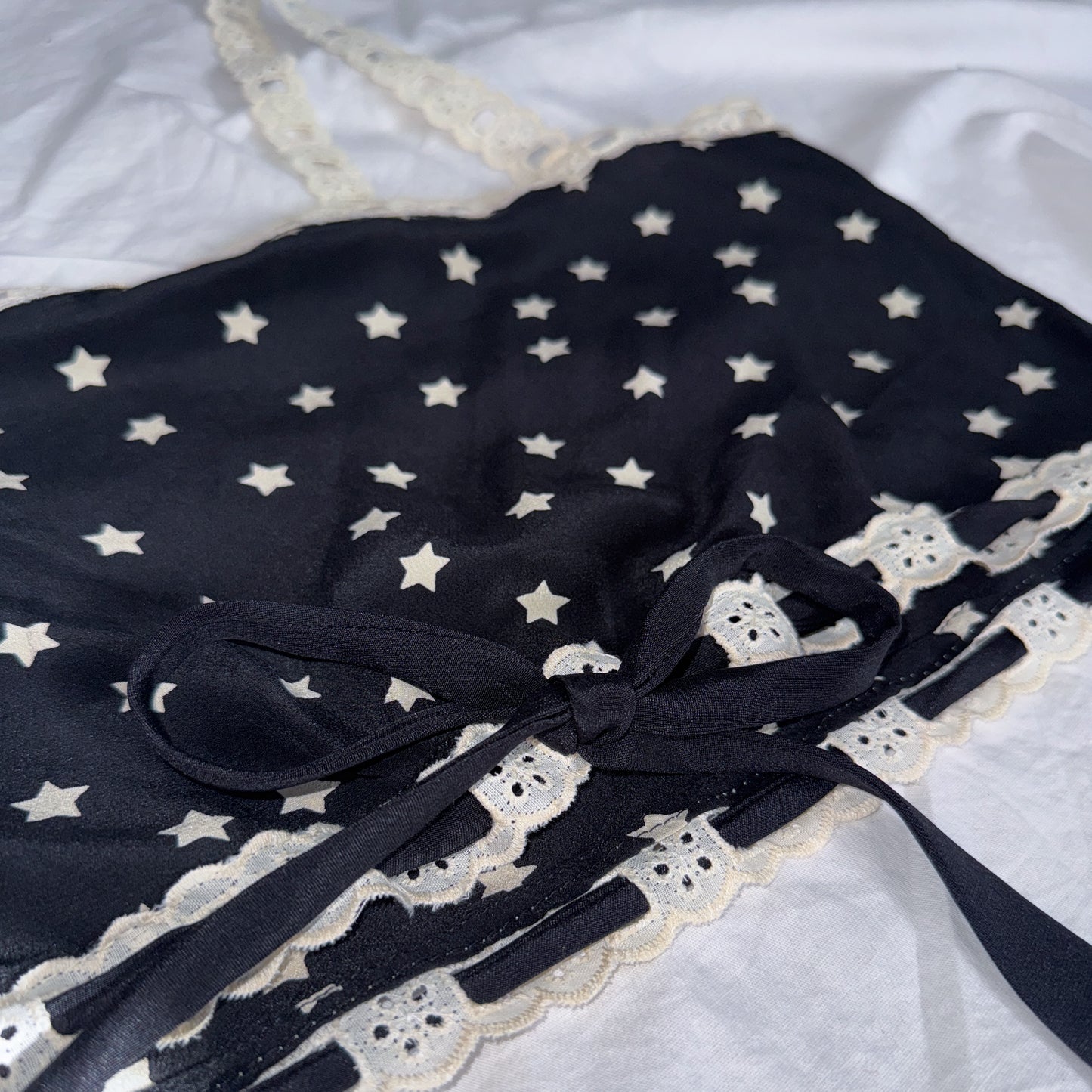 100% silk & lace crop top in black & white star