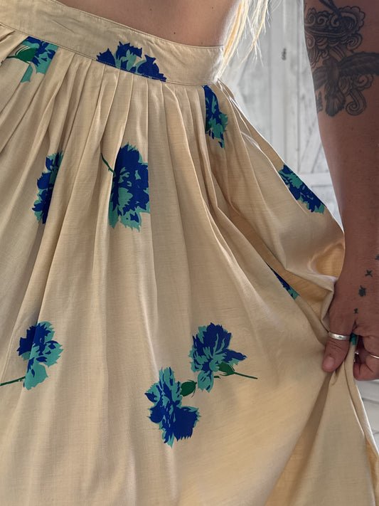 Vintage 1950s silk floral midi skirt in oat with cobalt and sky blues
