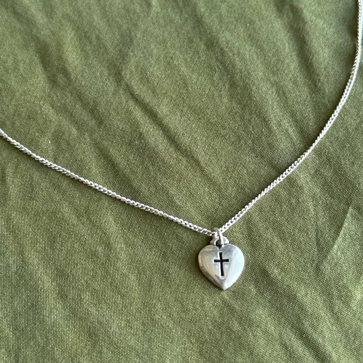 Vintage Sterling Heart Cross Choker Chain Necklace