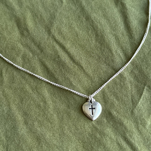 Vintage Sterling Heart Cross Choker Chain Necklace