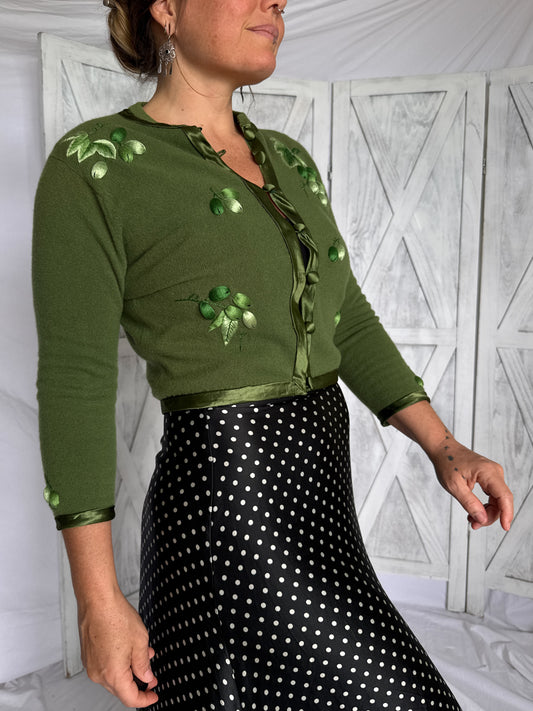 Vintage 1950s green embroidered wool cardigan front view
