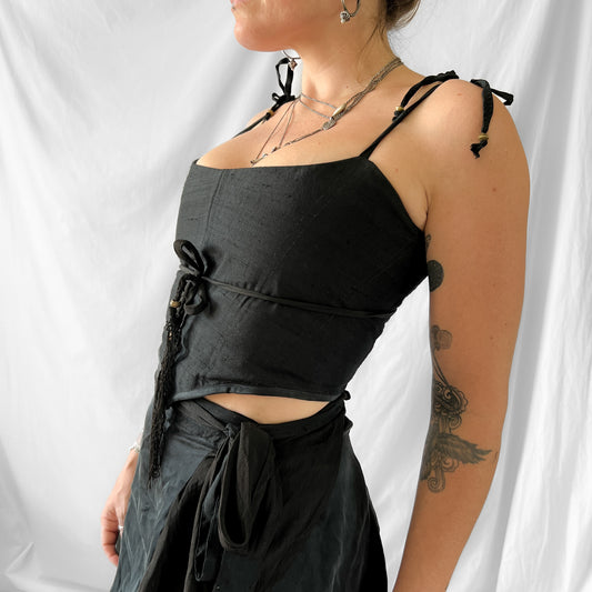 SOLDHand made 100% silk corset cropped top in matte jet