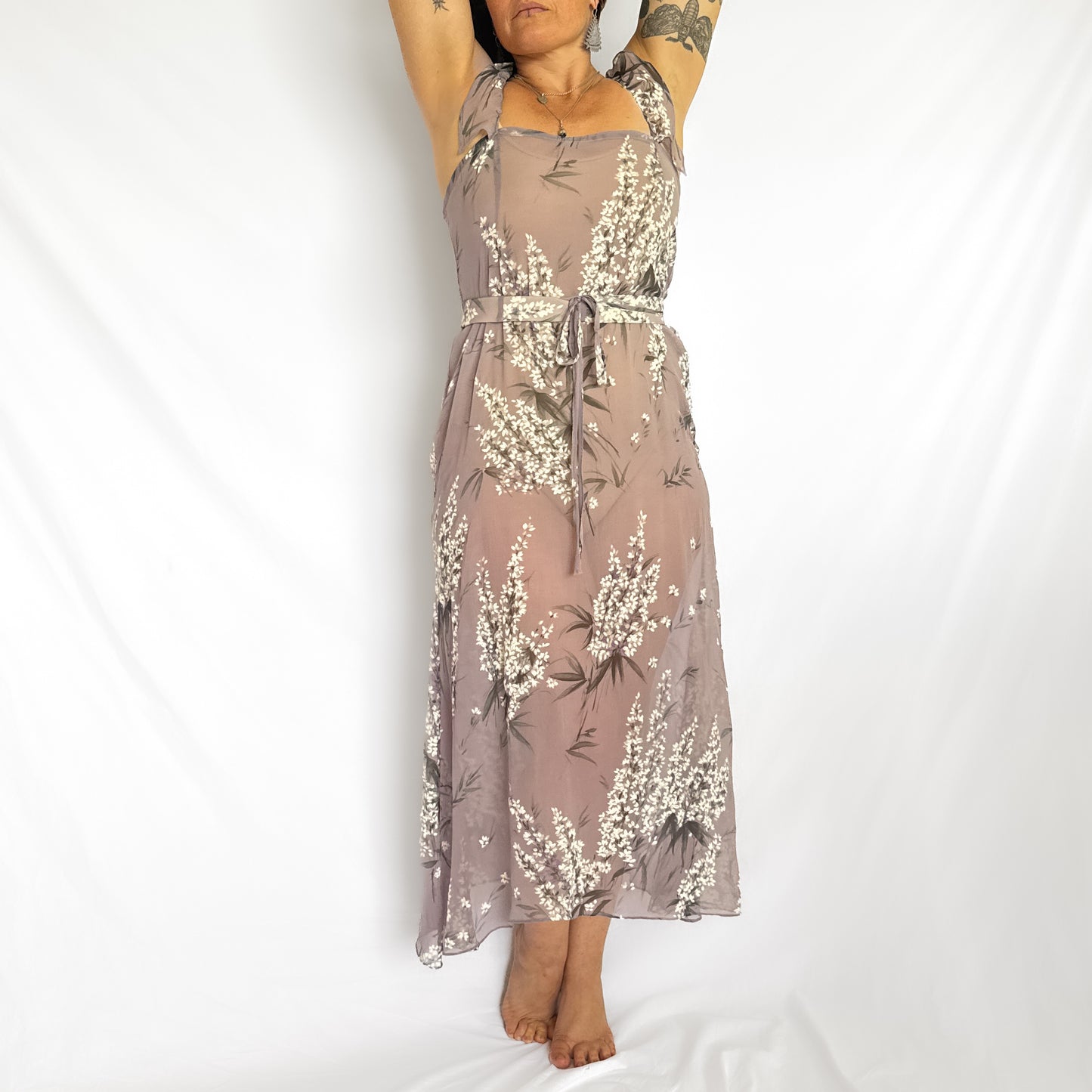 100% silk chiffon floral maxi slip dress & belt in lavender purple