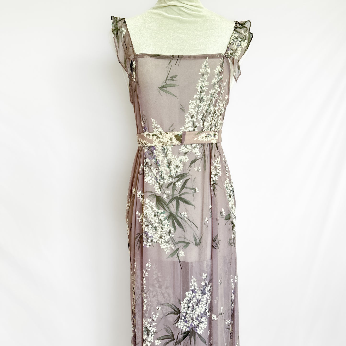 100% silk chiffon floral maxi slip dress & belt in lavender purple