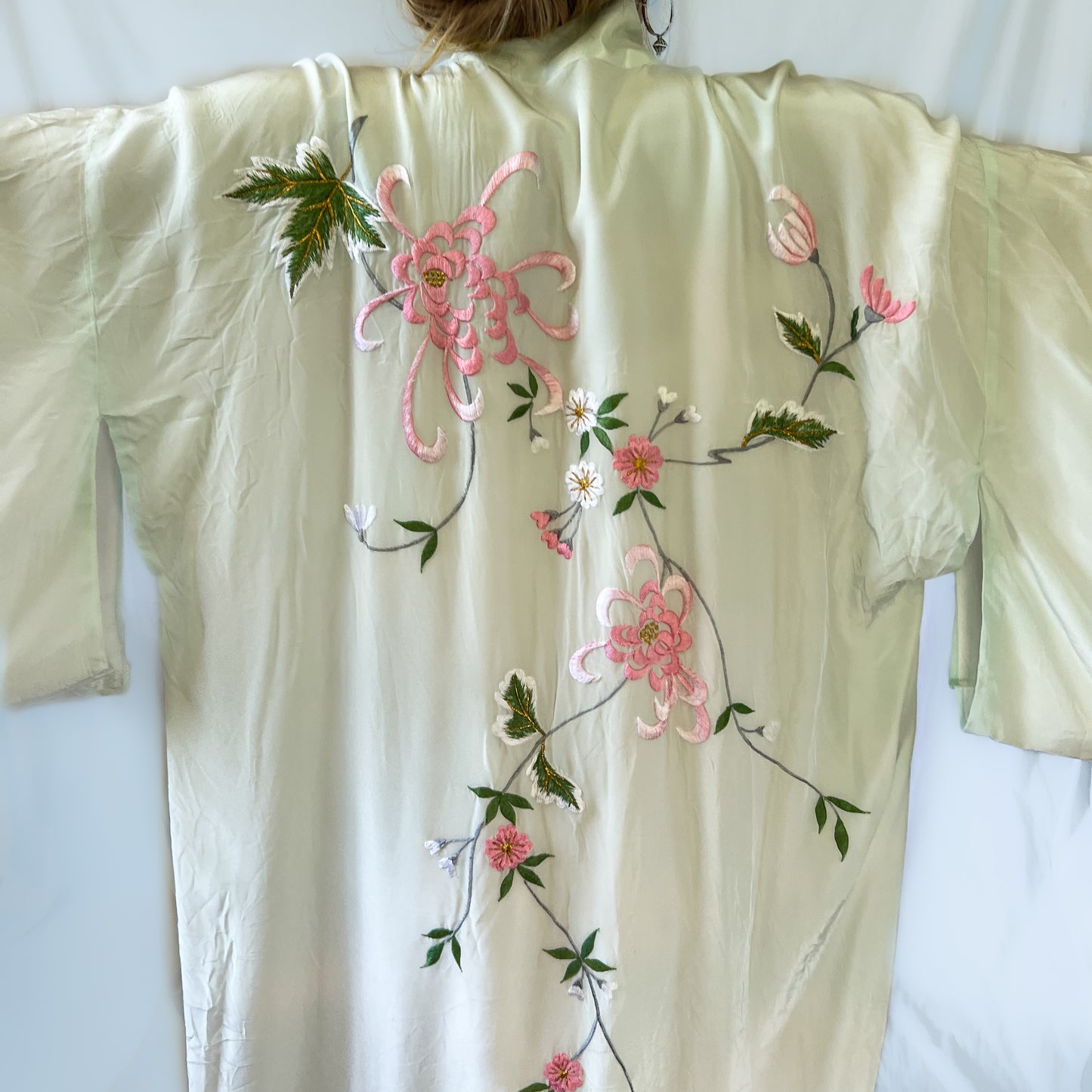 Vintage 1970s embroidered satin kimono in seafoam